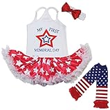 [キッズコーナー] アメリカの独立記念日 7月4日 USA Star Memorial Day レッグウォーマー付き ベビー服 ヘアバンド付き ワンピースドレス チュチュ (6-12 Months) 