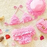 フリル ビキニ 女児 ベビー 水着 3点セット 帽子付き (S, ピンク)