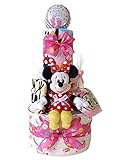 おむつケーキ ディズニー ミ二ーマウス 新生児肌着セット＆ベビーグッズ豪華8点付き 3段 女の子用 (メリーズSサイズ（28枚入り）)