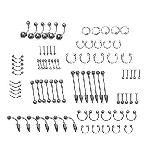 【ノーブランド 品】舌　眉　唇　腹　へそピアス　　ボディピアス　　ジュエリー　　シルバー　　1セット　85個