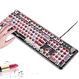FELICON (フェリコン) リップスティック メカニカル ゲーミングキーボード タイプライタースタイル レトロキーボード ホワイトLEDバックライト付き 104キー アンチゴースト ブルースイッチ 有線USBメタルパネル ラウンドキーキャップ デスクトップ/ノートパソコン用