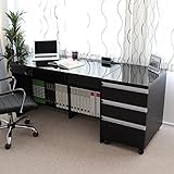 パソコンデスク 書斎机 鏡面　120cm幅 大型3段チェスト セット ブラック ASAV011