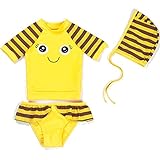 Spinas(スピナス) 思わず笑顔になる♪キッズ ベビー ガールズ ボーイズ 水着 上下セット スマイル 帽子付 全2色（イエロー、グリーン） (２ＸＬ （135～140cm）, イエロー)