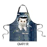 DingDing エプロン 女性用 かわいい 首かけ 後結び メンズ レディース クッキング カフェエプロン 汚れ防止 デニム風 猫柄 男女兼用