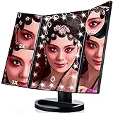 Sugeryy LED化粧鏡 スタンドミラー 21LEDライト搭載 三面化粧鏡 三つ折り畳み式 180度調整可能 2倍 3倍 10倍拡大鏡 等倍鏡 付き デスクトップ型 調光可能 電池式(ブラック)