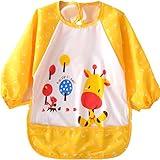 防水のかわいい漫画長袖幼児幼児赤ちゃんのための授乳よだれかけエプロン、0-3歳 (黄-キリン)
