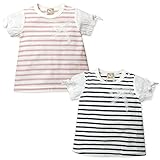 (ピンク/90cm)ベビー服 女の子 Tシャツ 半袖 UZULAND 綿100％ ジャガード天竺 ボーダー柄 花柄レース切替 パフスリーブ リボン 女児 ベビー