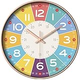 BUCKLIN Wall Clock for Kids Room – 12 Inch Non Ticking Silent Educational Large Wall Clock | Quartz with Rose Gold Frame | Te