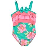 Girl's ハイビスカス柄胸フリルワンピース水着 (90/グリーン) 【CN-SW019】 子供用 女の子 スイムウエア