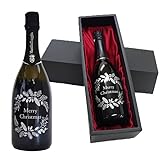 クリスマス デザイン ワイン 手土産 ギフト プレゼント wine 彫刻 スパークリングワイン750ml 豪華 おしゃれ (リース・ブラック)