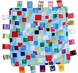 Comforting Baby Blanket withマルチカラーサテン正方形とタグ、ライトブルー