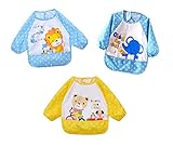 COTARON　ベビーエプロン 長袖 ポケットつき 防水 動物柄 １歳〜3歳 セット (3枚セット男の子B（ヒモ）)