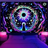 Uspring ブラックライト 猫タペストリー UV反応宇宙タペストリー 月と星 サイケデリックタペストリー ネオン日食 壁タペストリー 寝室 リビングルーム ホームデコレーション (51.2 x 59.4インチ)