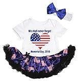 [キッズコーナー] アメリカの独立記念日 7月4日 USA Heart Memorial Day ベビー服 ヘアバンド付き ワンピースドレス チュチュ (White/US Flags, 12-18 M