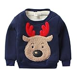 PANCY 子供服 秋冬 長袖 トレーナー 裏起毛 丸い襟 男の子 女の子 可愛い トナカイ アップリケ(100cm,ネイビー)