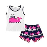 Domybest 子供服 トップス+ショートパンツ ノースリーブ ホワイト ベストトップ 女の子 男の子 ベビー 半袖 可愛い イルカ柄 ミニウールボール リボン カラフル 超柔らかい 伸縮性 快適 