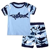 春夏 子供服 キッズ 男の子 上下セット 半袖Tシャツ半ズボン パジャマ さめ柄 ブルー 綿130 140 (7歳（120-125cm）, ブルー2)