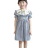 PAPA KIDS 子供ドレスガールズドレス 半袖女の子プリンセスドレス チェック柄ワンピース チュニック 普段着 夏 誕生日 通学 結婚式 七五三 花嫁介添人 (140cm)