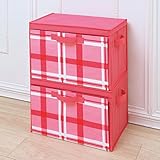 重ねて使える下扉整理箱2個set　チェック柄 (ピンク)