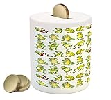 Nursery Piggy Bank by Ambesonne、Frogs異なる位置でFunny Happy Cute式面Toads漫画、印刷セラミックコイン銀行お金ボックスの保存の現金、グリーンイエ