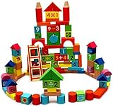 VIAHART 100 Piece Natural Wood Beech 123 Numeric Wooden Block Construction Building Set Rainbow Colo