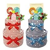 【名入れ刺繍可能】Sassy（サッシー）のハチさんの歯固め＆今治タオル２点付 パンパース使用２段おむつケーキ (おむつサイズ：S (約4kg-8kgまで), ブルー) 出産祝い 男の子 女の子