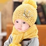 選べる5色 ニット帽子とマフラー セット耳まであったかキャップ ベビー キッズ 子供用 ニットキャップかわいい 赤ちゃんニット帽ベビー 防寒帽子 (イエロー)