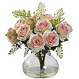 Nearly Natural 1366-LP Rose and Maiden Hair Arrangement with Vase, Light Pink [並行輸入品]