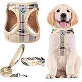PUPTECK 犬 ハーネス リード セット 犬用 胴輪 ソフト マジックテープ付き 反射素材付き ペット用品 はーねす 引っ張り防止 抜けない 喉に優しい 調節可能 着脱簡単 軽量 メッシュ 快適 通気 手洗い 耐久性 安全 散歩 しつけ 訓練 老犬介護 人気 可愛い おしゃれ 超小型犬 小型犬 中型犬 大型犬（ベージュ チェック、XLサイズ）