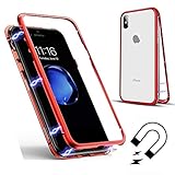 クリアiPhone Xケース、SevenPanda iPhone 10 5.8"スリムフレーム[磁気吸着]金属バンパーケース強化ガラスバックカバー[磁気吸着技術]内蔵マグネットフリップカバー - 透明