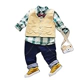 FEVON　セットアップ　ベビー　男の子　3点セット　シャツ+ベスト+ズボン　長袖　ワイシャツ　ロングパンツ　秋　冬　ボウタイ付き　チェック柄　フォーマルスーツ　カジュアル　子供服　ボーイズ　キッズ　