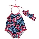 Cains 　ベビー　女の子　小花柄　ロンパース　超かわいい　袖なし　リボン付き　カバオールー　薔薇色の毛玉飾り　夏　０～２４ヶ月　　 (70)