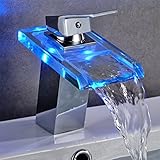 Rovate® Bathroom LED RBG 3 Colors Glass Bathroom Deck Mount Hot/Cold Mixer Basin Vessel Sink Waterfa