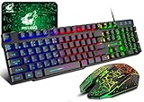 UrChoiceLtd×ZIYOULANG ゲーミングキーボード LED有線 メンブレン ゲーミングキーボードとマウスセット マルチメディア 日本語配列 虹色LEDバックライト 19キー防衝突 PC 人間工学 キーボード ゲームやオフィスに最適 マウスパッド ― ブラック