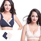 LOVE YANQI レディース 妊娠授乳ブラジャー クロスオープンタイプ ノンワイヤー 延長ホック付き「産前産後兼用」ネイビー ポルカドット＆肌色 やさしい綿 マタニティブラジャー ２枚セット
