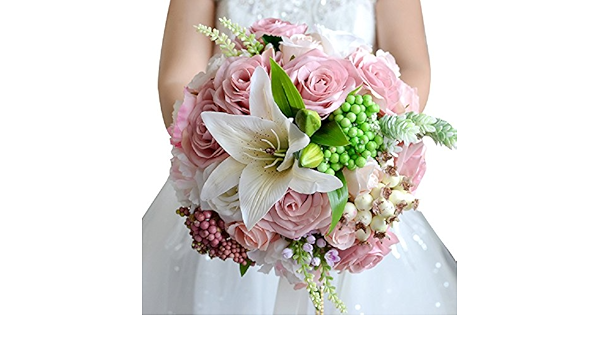 Amazon ピンクの薔薇 ゆり 花束 ウェディングブーケ ラウンドブーケ 花嫁ブーケ ブライダルブーケ 造花 誕生日 プレゼント 結婚式 二次会 撮影 造花 オンライン通販