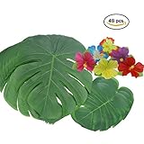 Tropical Leaves andハイビスカス花、人工フェイクグリーンPalm Leaves Plants ForハワイアンルアウPatry装飾、48pack合計