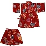 甚平スーツ 花火柄 綿紅梅 日本製 レッド 80cm