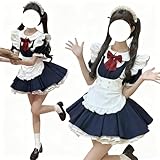[AOTYP] メイド服 コスプレ パニエ付き 6点セット レディース 半袖 ワンピース エプロン カチューシャ メイドコスチューム 大きいサイズ クリスマス 女装 仮装 ハロウィン 学園祭 撮影 ネイビーXL