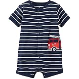 カーターズ（Carter's）男の子用紺x白ボーダー消防車お出かけ用半袖クリーパー (12months(72-78cm)) [並行輸入品]