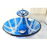 Homelava 現代　手洗い器＆蛇口セット　洗面ボウル　洗面器　バスルーム　洗面台　洗面用　強化ガラス製　円形　排水金具付　ブルー