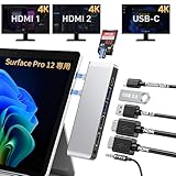 Surface Pro 12 USB ハブ、 4画面出力 (デュアル HDMI+ USB-C Thunderbolt 4)+ サーフェス、デュアル HDMI 4K@60Hz、USB-C Thunderbolt4 (4K@60Hzビデオ+40Gbpsデータ+100W充電)、2* USB3.0、SD TFカードリーダー、3.5 mmオーディオ、Surface Pro 12インチ2025変換アダプタ