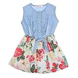 Domybest　子供服 女の子 ワンピース　サンドレス 可愛い ドレス ガールズ ワンピース 花柄　デニム　スカート　ノースリーブ 春　夏　 (110（身長100-110cm）)
