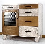 日本製 アンティーク風 幅80cm 脚付き キャビネット 完成品 (ホワイト)