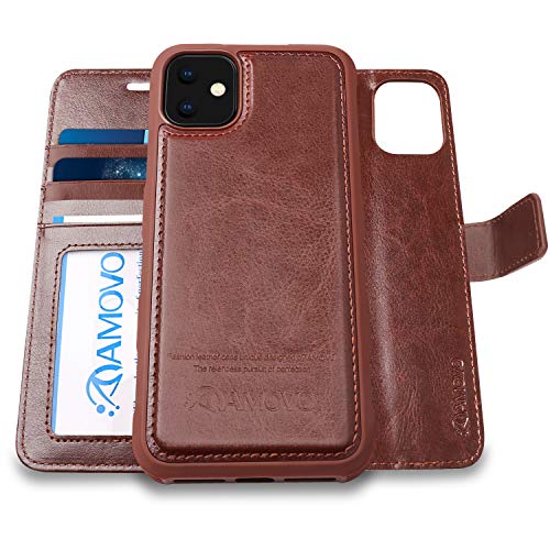 AMOVO iPhone 11 ケース 手帳型 分離式 マグネット 取り外し自由 ワイヤレス充電に対応 カード収納 横開き スタンド機能 アイフォン 11 手帳カバー (iPhone 11 6.1インチ, 茶)