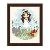 Little Spice Girl : Precious Brunette Girlフラワークラウンwith Woodland Creatures Illustration壁アートプリント 20x24