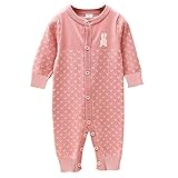 Baby Nest ロンパース カバーオール ウサギさん シッポ付き 前開き 男の子 女の子 ニット 長袖 コットン100% ピンク 3-6M