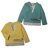 (イエロー/80cm)ベビー服 男の子 Tシャツ 長袖 ZOOMIC ズーミック 重ね着風 ジャガード天竺 開き見せ 裾切替 ボタン装飾 ワッペン ボーダー 男児 ベビー
