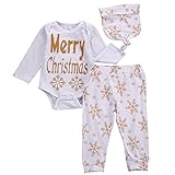 赤ちゃんの女の子男の子merry christmas雪片模様ロンパース+パンツ+帽子クリスマス衣装 (90, merry christmas)