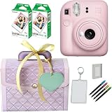 インスタントカメラ チェキ instax mini 12 ラッピングバニティBOXセット フィルム＆ハメパチ＆アルバム＆デコペン (バニティBOX パープル, ブロッサムピンク)